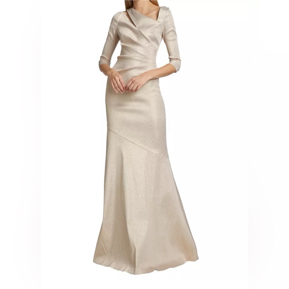 Teri Jon by Rickie Freeman gold metallic gown 3/4 long sleeve formal dress - Picture 1 of 8